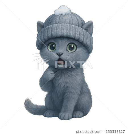 一隻戴著針織帽的灰色小貓的可愛插畫（驚訝的表情） 133538827