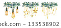 Retro light bulbs, gold stars, and beads hanging from snowberry branches. Hand-drawn watercolor illustration. A set of Christmas, New Year, and winter compositions for decor and greeting card design. 133538902