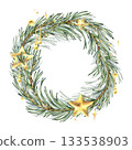A Christmas wreath of pine branches and gold stars, beads, charms, and glitter. Hand-drawn watercolor illustration. Curved frame, text template, winter New Year's composition for decor and design. 133538903