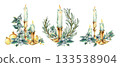 Burning candles with pine branches, snowberries, golden baubles, and shimmering lights. Hand-drawn watercolor illustration. A set of Christmas, New Year, and winter compositions for decor and design. 133538904