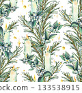 A seamless pattern with pine branches, snowberries, burning candles, and golden shimmer. Hand-drawn watercolor illustration. A Christmas and New Year's winter ornament for decor and design. 133538915