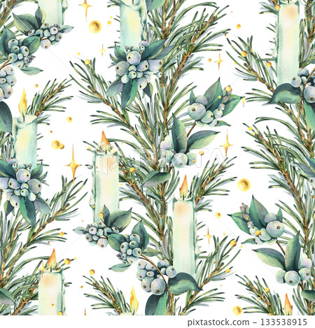 A seamless pattern with pine branches, snowberries, burning candles, and golden shimmer. Hand-drawn watercolor illustration. A Christmas and New Year's winter ornament for decor and design. A seamless pattern with pine branches, snowberries, burning candles, and golden shimmer. Hand-drawn watercolor illustration. A Christmas and New Year's winter ornament for decor and design. 133538915
