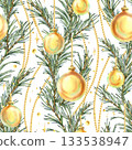 Seamless pattern with pine branches, golden baubles, and beads. Vertical garlands. Hand-drawn watercolor illustration. Christmas and New Year's winter ornament for decor and design. 133538947