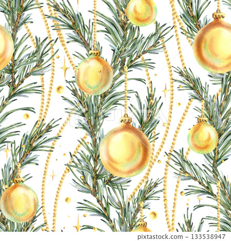Seamless pattern with pine branches, golden baubles, and beads. Vertical garlands. Hand-drawn watercolor illustration. Christmas and New Year's winter ornament for decor and design. Seamless pattern with pine branches, golden baubles, and beads. Vertical garlands. Hand-drawn watercolor illustration. Christmas and New Year's winter ornament for decor and design. 133538947