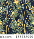 A seamless pattern with pine branches, gold stars, and beads. Vertical garlands on a dark background. Hand-drawn watercolor illustration. Suitable for Christmas, New Year, and winter decor and design. 133538959