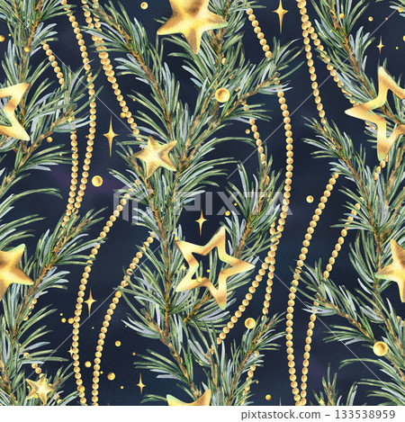 A seamless pattern with pine branches, gold stars, and beads. Vertical garlands on a dark background. Hand-drawn watercolor illustration. Suitable for Christmas, New Year, and winter decor and design. A seamless pattern with pine branches, gold stars, and beads. Vertical garlands on a dark background. Hand-drawn watercolor illustration. Suitable for Christmas, New Year, and winter decor and design. 133538959