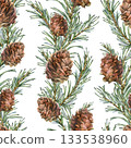 A seamless pattern with green pine branches and pine cones in vertical garlands. Hand-drawn watercolor illustration. A Christmas, New Year, and winter ornament for decor and design. 133538960