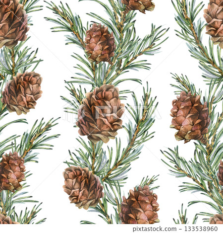 A seamless pattern with green pine branches and pine cones in vertical garlands. Hand-drawn watercolor illustration. A Christmas, New Year, and winter ornament for decor and design. 133538960