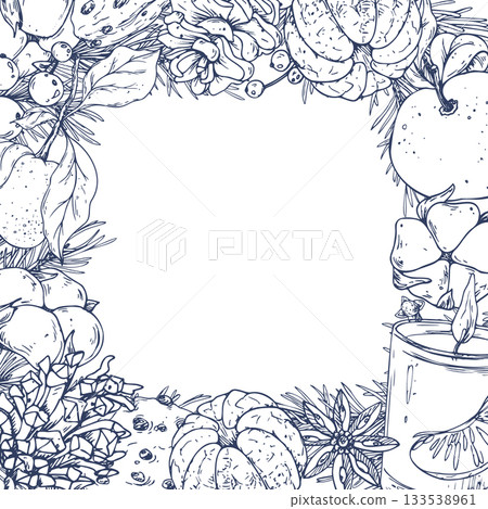 A Christmas wreath with pine branches, pine cones, tangerines, cotton candy, cookies, candle and berries. A hand-drawn line illustration. Square template with a frame for text and greetings. A Christmas wreath with pine branches, pine cones, tangerines, cotton candy, cookies, candle and berries. A hand-drawn line illustration. Square template with a frame for text and greetings. 133538961