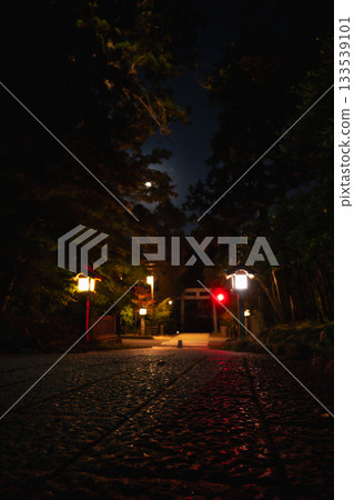 Mysterious nighttime torii gates and lantern lights 133539101