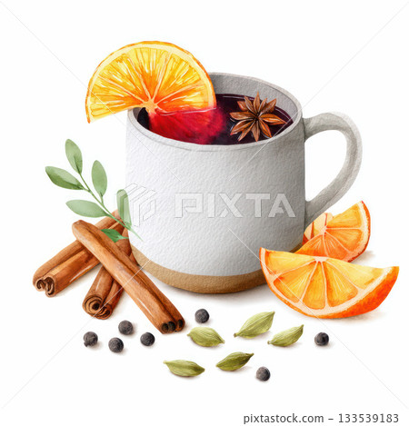 Mulled wine in a cozy mug garnished with orange slices, cinnamon sticks, and spices, evoking warmth and festive holiday spirit Mulled wine in a cozy mug garnished with orange slices, cinnamon sticks, and spices, evoking warmth and festive holiday spirit 133539183