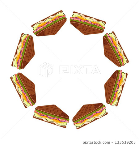 Wreath with sandwich with fresh vegetables, cheese and meat in flat style design for menu or advertisements. Illustration isolated on a white background. Wreath with sandwich with fresh vegetables, cheese and meat in flat style design for menu or advertisements. Illustration isolated on a white background. 133539203