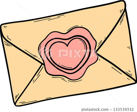 Flat color retro envelope with a heart-shaped seal in kid cartoon aesthetic. Great for Valentine Day clipart, love messages, decorative elements, and cute graphic projects. Flat color retro envelope with a heart-shaped seal in kid cartoon aesthetic. Great for Valentine Day clipart, love messages, decorative elements, and cute graphic projects. 133539332