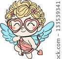 Kid cartoon cupid in flat color style with heart-shaped glasses and a bow. Great for Valentine clipart, love-themed illustrations, greeting cards, and adorable holiday designs. 133539341