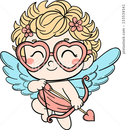 Kid cartoon cupid in flat color style with heart-shaped glasses and a bow. Great for Valentine clipart, love-themed illustrations, greeting cards, and adorable holiday designs. Kid cartoon cupid in flat color style with heart-shaped glasses and a bow. Great for Valentine clipart, love-themed illustrations, greeting cards, and adorable holiday designs. 133539341