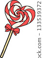 Flat color heart-shaped lollipop with ribbon in a retro kid cartoon look. Great for Valentine clipart, sweet treats illustrations, romantic designs, and holiday graphics. 133539372