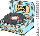 Flat color vintage record player playing a heart-decorated disc titled Love Songs. Ideal for Valentine Day designs, retro music illustrations, and cute kid-style artwork. 133539394