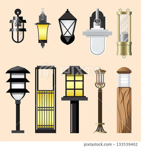 Set of medieval garden lamp icons at night on cream background. 133539402