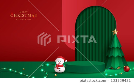 Podium stage for show product display for festive decoration christmas day or new years. stand product showcase on red background with lighting christmas or presentation. vector design. Podium stage for show product display for festive decoration christmas day or new years. stand product showcase on red background with lighting christmas or presentation. vector design. 133539421