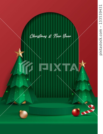 Podium stage for show product display for festive decoration christmas day or new years. stand product showcase on red background with lighting christmas or presentation. vector design. 133539431