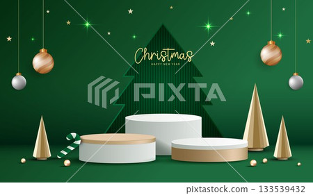 Podium stage for show product display for festive decoration christmas day or new years. stand product showcase on red background with lighting christmas or presentation. vector design. Podium stage for show product display for festive decoration christmas day or new years. stand product showcase on red background with lighting christmas or presentation. vector design. 133539432