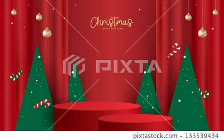 Podium stage for show product display for festive decoration christmas day or new years. stand product showcase on red background with lighting christmas or presentation. vector design. Podium stage for show product display for festive decoration christmas day or new years. stand product showcase on red background with lighting christmas or presentation. vector design. 133539434