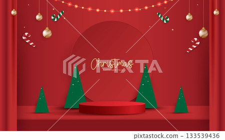 Podium stage for show product display for festive decoration christmas day or new years. stand product showcase on red background with lighting christmas or presentation. vector design. Podium stage for show product display for festive decoration christmas day or new years. stand product showcase on red background with lighting christmas or presentation. vector design. 133539436