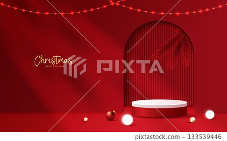 Podium stage for show product display for festive decoration christmas day or new years. stand product showcase on red background with lighting christmas or presentation. vector design. 133539446