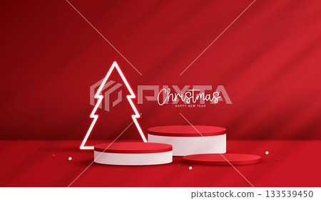 Podium stage for show product display for festive decoration christmas day or new years. stand product showcase on red background with lighting christmas or presentation. vector design. Podium stage for show product display for festive decoration christmas day or new years. stand product showcase on red background with lighting christmas or presentation. vector design. 133539450