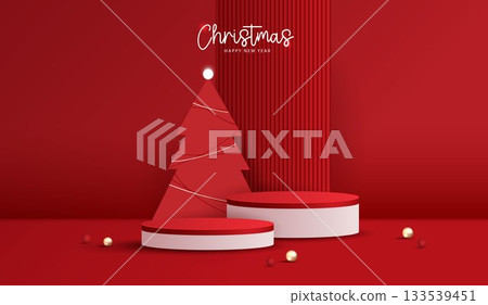 Podium stage for show product display for festive decoration christmas day or new years. stand product showcase on red background with lighting christmas or presentation. vector design. 133539451