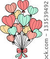 Flat color heart-shaped balloon bouquet with ribbon in a retro kid-style look. Great for Valentine clipart, festive designs, romantic graphics, and sweet holiday elements. 133539492