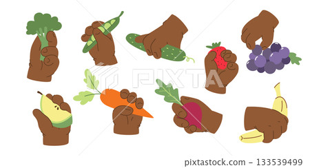 Black children and healthy eating. Simple and cute illustration of kids hands holding vegetables and fruits for kids menu Black children and healthy eating. Simple and cute illustration of kids hands holding vegetables and fruits for kids menu 133539499