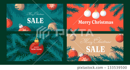 Vector set of Christmas and New Year sale banners with festive decorations, pine branches, and ornaments. Holiday promotional design for advertising, social media, or winter discounts. 133539500