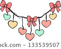 Flat color heart garland with bows in retro kid-style design. Great for Valentine clipart sets, party decorations, greeting cards, and sweet holiday artwork. 133539507