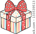 Flat color retro Valentine present box with big bow, polka dots, and stripes. Great for clipart sets, festive designs, cards, and cute kid-style illustrations. 133539513