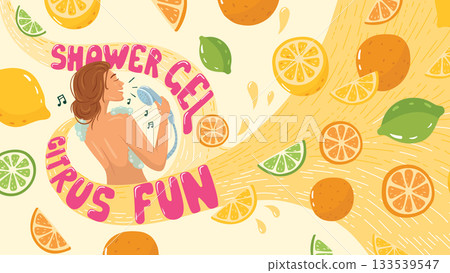 A girl sings in the shower, splashed with juice. The inscription Citrus fun. Shower gel packaging. 133539547