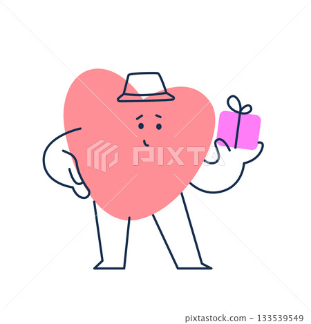 Cute geometric heart character holds gift. Valentine day. Suitable for educational, memory game cards, poster for preschool, etc Cute geometric heart character holds gift. Valentine day. Suitable for educational, memory game cards, poster for preschool, etc 133539549
