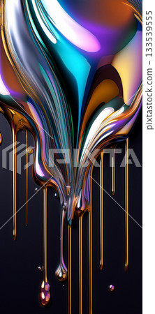 Silver, gold, and iridescent spills flowing and dripping across a minimal dark background 133539555