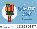 Winter sale banner design. Young woman holding many colorful gift boxes. Vector iilustration in flat cartoon style. 133539557