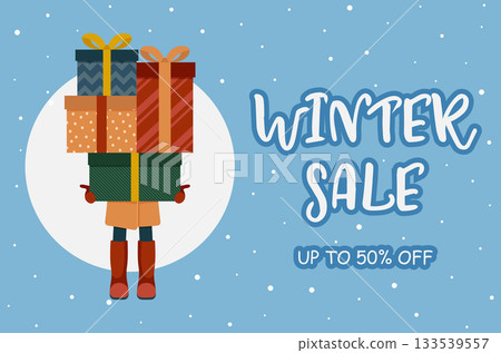 Winter sale banner design. Young woman holding many colorful gift boxes. Vector iilustration in flat cartoon style. 133539557