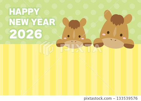 Cute horse parent and child New Year's card 2026 Striped background, green Cute horse parent and child New Year's card 2026 Striped background, green 133539576