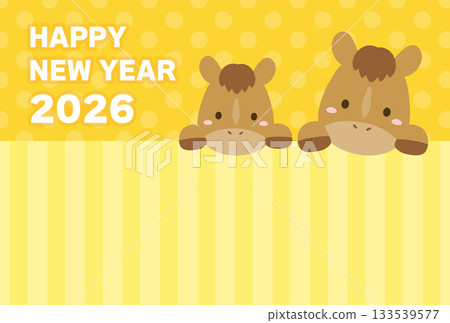Cute horse parent and child New Year's card 2026 Striped background, yellow Cute horse parent and child New Year's card 2026 Striped background, yellow 133539577