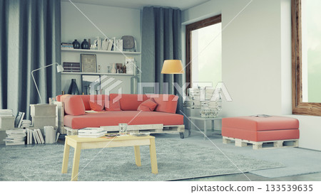 Modern living room interior with coral pallet sofa. 3D render 133539635
