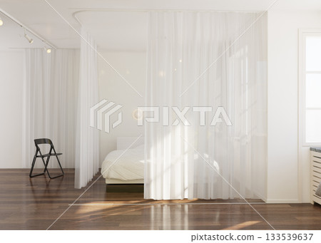 Modern minimalist bedroom interior with a curtain as a room divider. 3D render 133539637