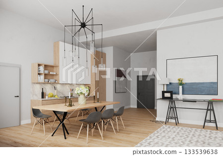3D rendering of a modern dining room and kitchen. Contemporary home interior with stylish furniture 3D rendering of a modern dining room and kitchen. Contemporary home interior with stylish furniture 133539638