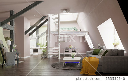 3D rendering of a modern loft apartment with a mezzanine. Spacious open plan interior with a spiral staircase 133539640
