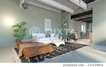 3D rendering of a modern eclectic living room interior. Industrial style apartment with furniture 133539642