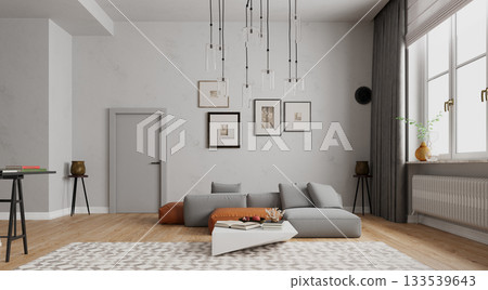 3D rendering of a modern living room interior. Contemporary home with a grey sofa and stylish decor 3D rendering of a modern living room interior. Contemporary home with a grey sofa and stylish decor 133539643