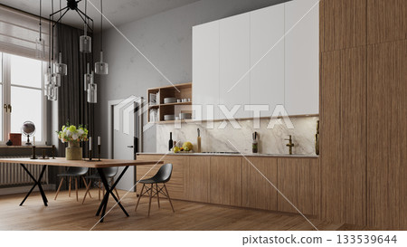 3D rendering of a modern kitchen and dining room interior. Contemporary design with wood and white cabinets 133539644