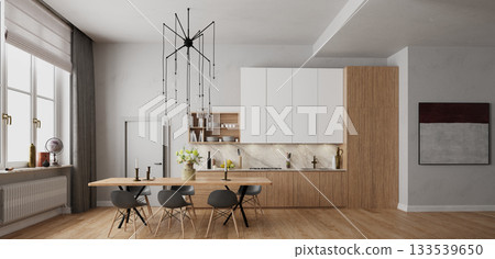 3D rendering of a modern kitchen and dining room interior. Contemporary home design with wooden furniture 3D rendering of a modern kitchen and dining room interior. Contemporary home design with wooden furniture 133539650